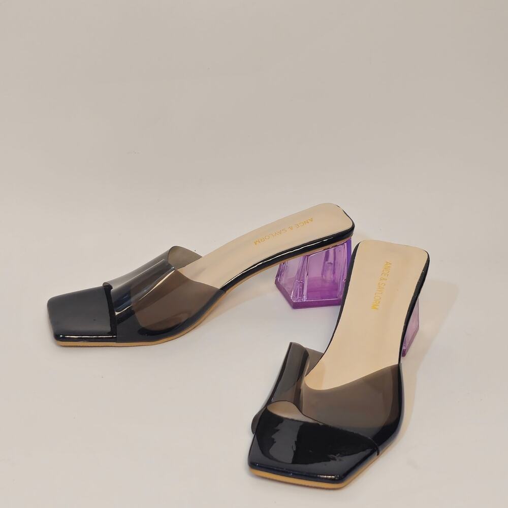 Ance & Saylorm Open Toe Clear Size 38 Black Purple 2" Heel